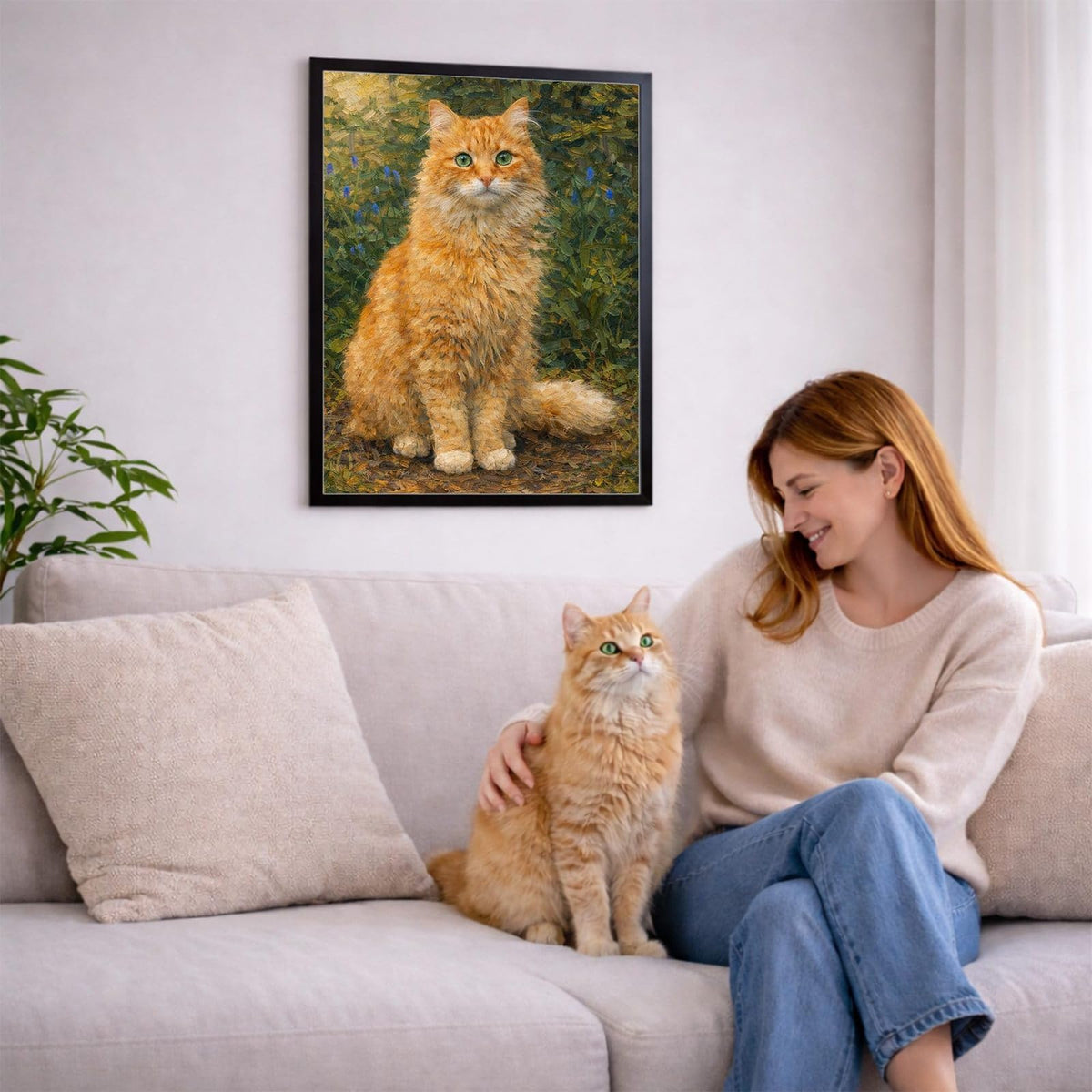 Portrait façon peinture à l'huile de votre chat d'après sa photo, accroché au salon en cadre noir ; aussi en affiche (poster), toile canvas ou plexiglas, livré chez vous (exemple)