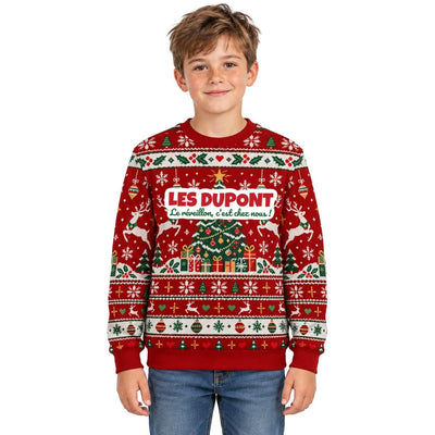 Sweat de Noël moche garçon personnalisé, nom de famille, rouge