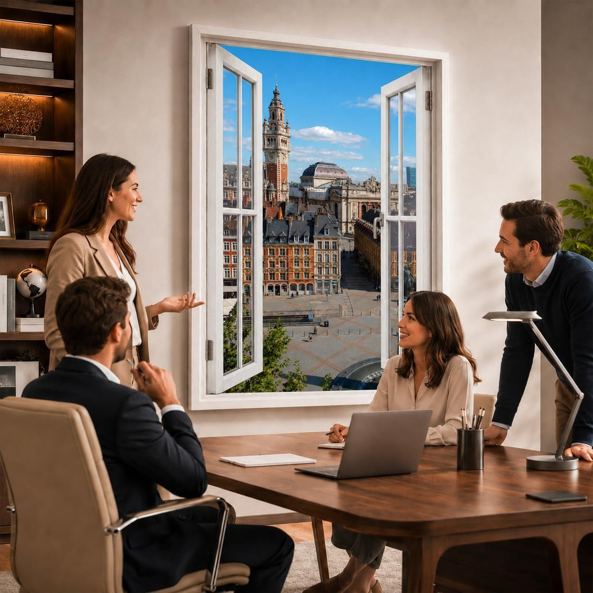 Idée d'usage dans un bureau : la vue sur Lille ouvre le mur comme une vraie fenêtre, style de fenêtre au choix, toile canvas ou plexiglas, livré chez vous (exemple)
