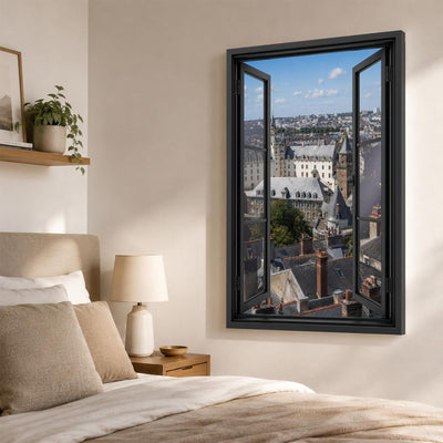Trompe-l'œil sur Nantes dans une chambre, toits du centre historique en perspective, sur toile canvas ou plexiglas en 60 x 40 cm, 80 x 60 cm ou 120 x 80 cm, livré chez vous (exemple)