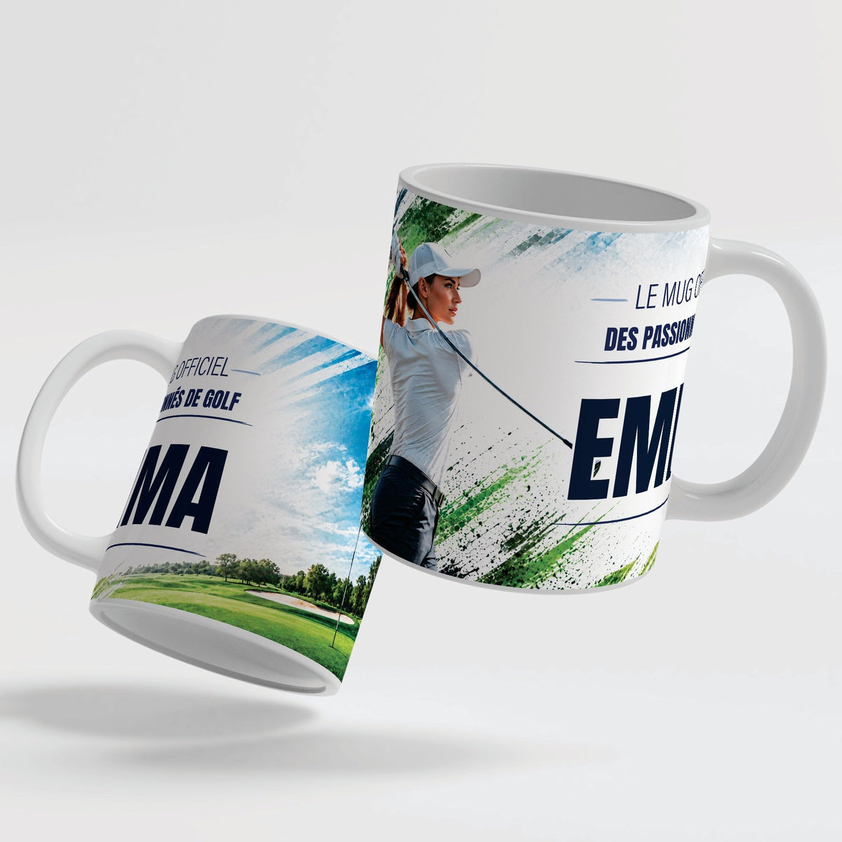 Le mug golf de 330 ml vu de deux côtés, en céramique blanche : prénom et texte au choix ; anse et intérieur blancs, noirs, rouges, bleus, verts, roses ou dorés ; livré chez vous (exemple)