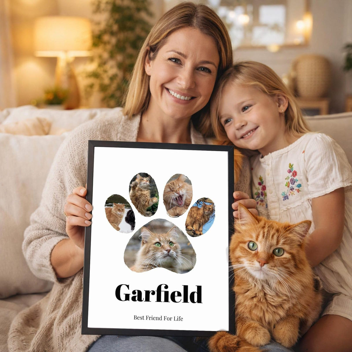 Empreinte de patte aux 5 photos de votre chat, avec son prénom et une phrase au choix, ici en cadre noir présenté au salon, imprimée puis livrée chez vous (exemple)