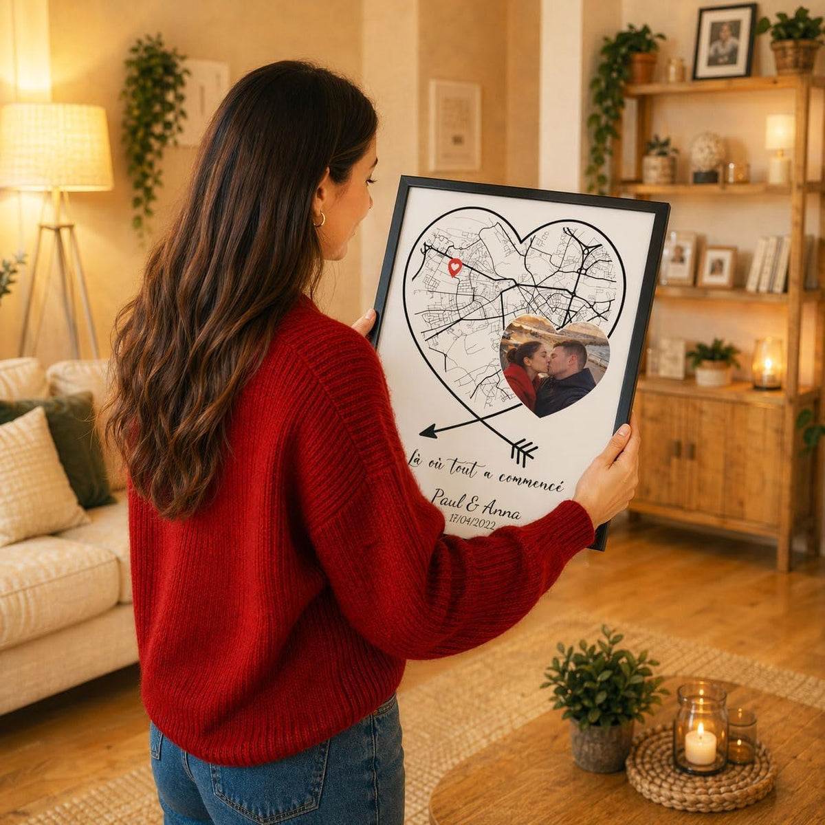 Carte en cœur sur fond blanc avec photo, tenue en main dans son cadre noir ; vous envoyez votre photo, elle rejoint la carte de votre lieu, imprimée puis livrée chez vous (exemple)
