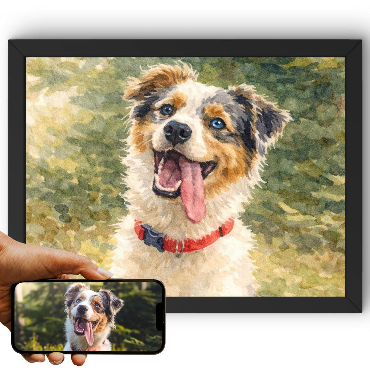 Création personnalisée : la photo de votre chien devient un portrait à l'aquarelle en format paysage, lavis fondus et teintes douces, imprimé en cadre noir et livré chez vous (exemple)