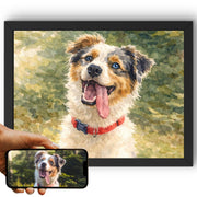 Création personnalisée : la photo de votre chien devient un portrait à l'aquarelle en format paysage, lavis fondus et teintes douces, imprimé en cadre noir et livré chez vous (exemple)