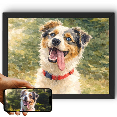 Création personnalisée : la photo de votre chien devient un portrait à l'aquarelle en format paysage, lavis fondus et teintes douces, imprimé en cadre noir et livré chez vous (exemple)