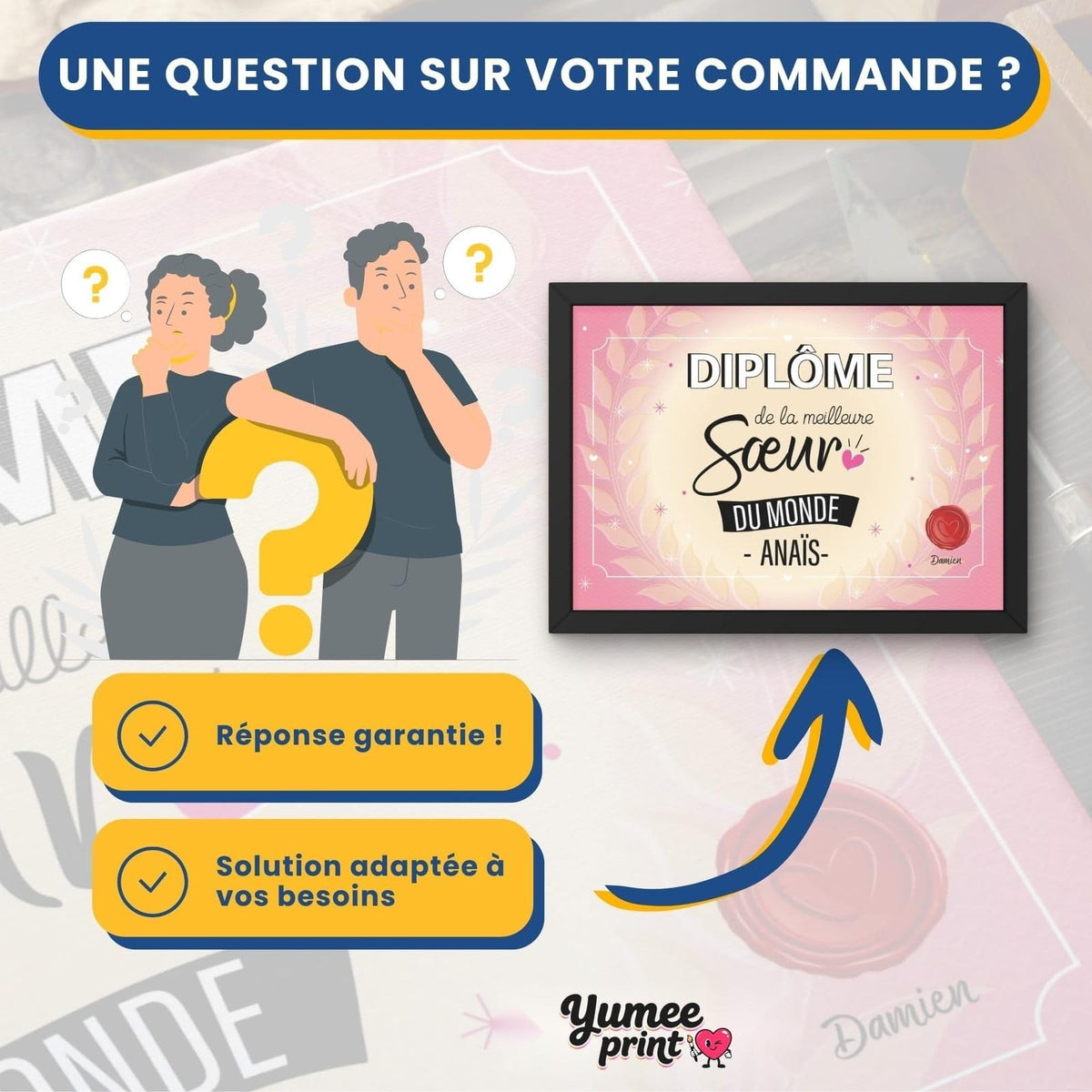 Une question sur votre diplôme « de la meilleure sœur » ? Notre service client vous répond par message avec une solution garantie, adaptée à vos besoins