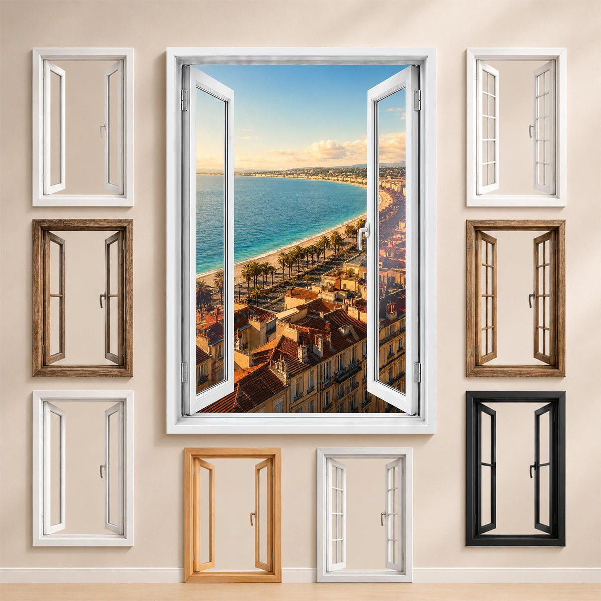 La vue sur Nice et les styles de fenêtre proposés pour l'encadrer : bois, PVC blanc, alu noir ou sans fenêtre, imprimée sur toile ou plexiglas puis livrée (exemple)
