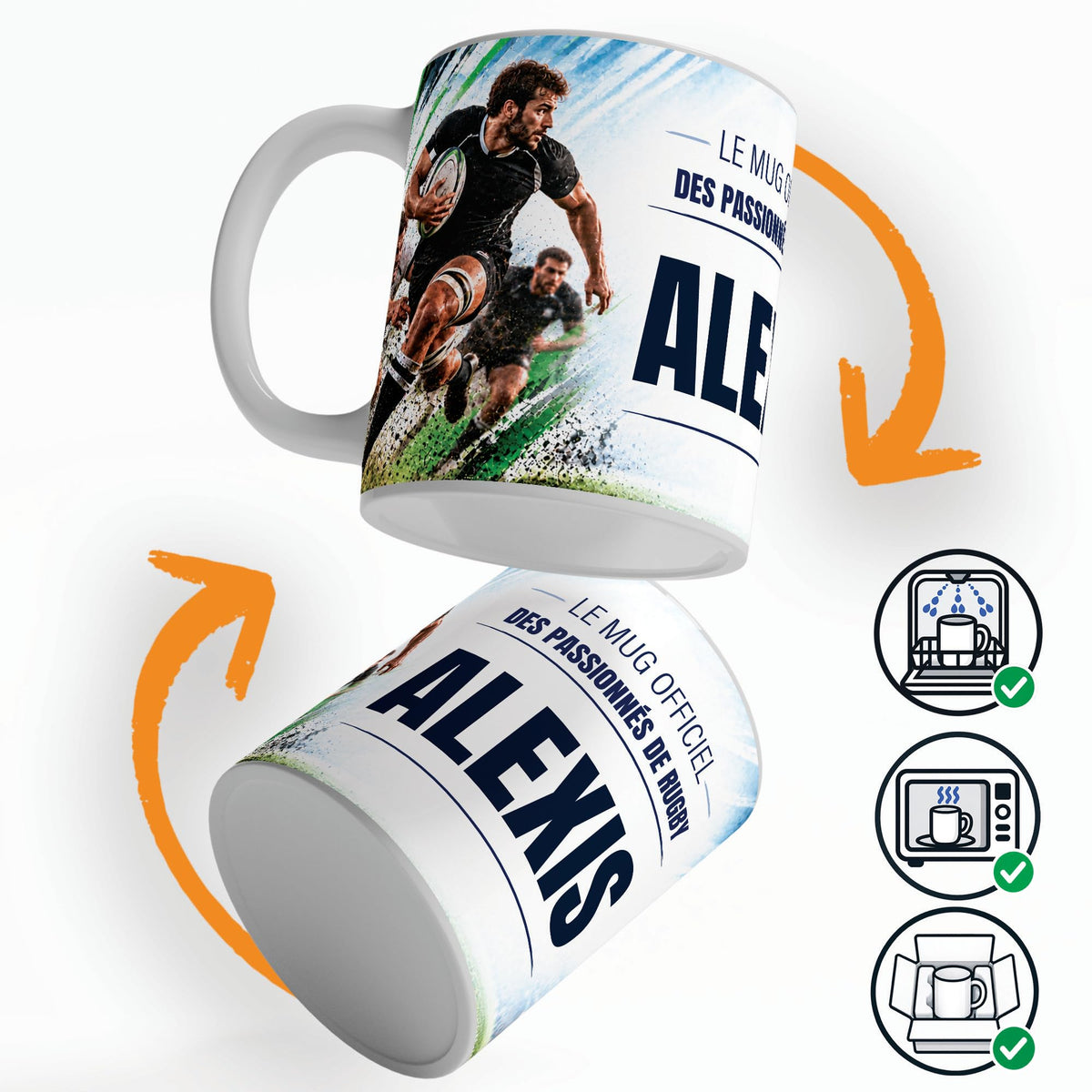 Mug rugby vu sous deux angles, prénom et texte au choix ; compatible lave-vaisselle et micro-ondes, expédié calé dans une boîte en carton jusque chez vous (exemple)