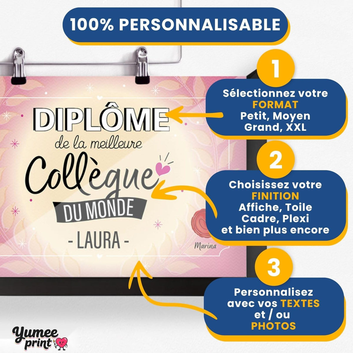 Personnalisez le diplôme « de la meilleure collègue » en trois étapes : format, finition puis textes, avec son prénom et votre signature, imprimé et livré chez vous (exemple)