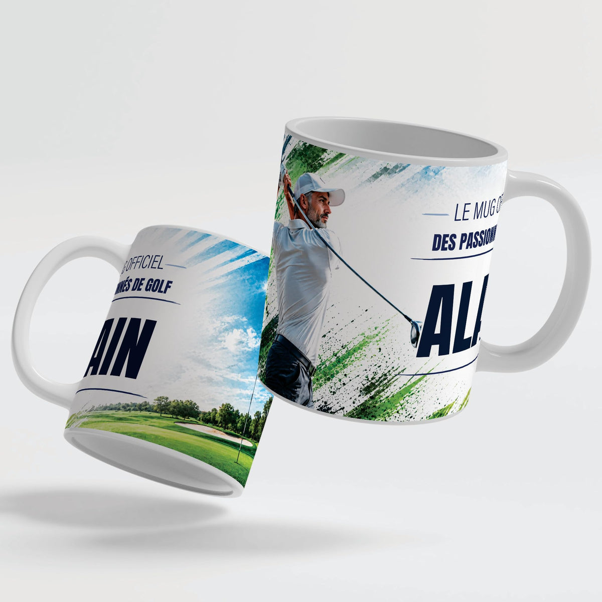 Le mug golf de 330 ml vu de deux côtés, en céramique blanche : prénom et texte au choix ; anse et intérieur blancs, noirs, rouges, bleus, verts, roses ou dorés ; livré chez vous (exemple)