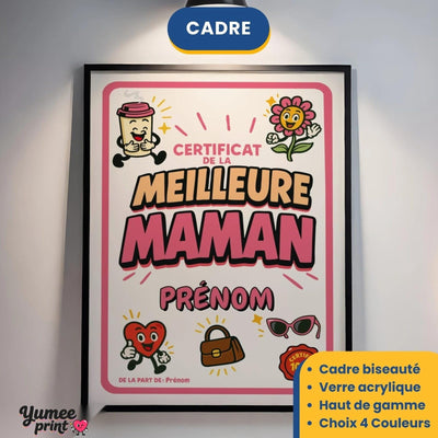 Certificat de la meilleure maman en cadre noir avec verre acrylique, éclairé au mur ; cadre aussi en blanc, bois clair ou bois foncé, livré chez vous (exemple)