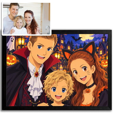 La photo d'origine en vignette et sa version manga d'Halloween, contours nets, grands yeux et costume pour chacun, encadrée de noir au format paysage, livrée chez vous (exemple)