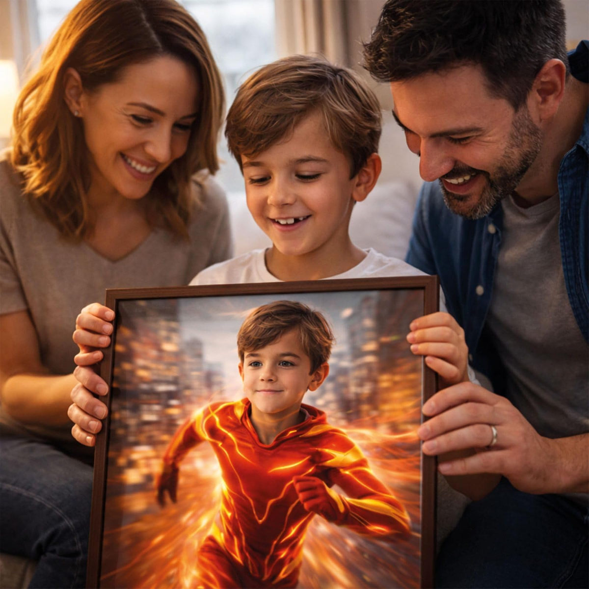 Exemple d'usage possible : votre enfant en héros de la vitesse d'après sa photo, son visage gardé, portrait offert en famille en cadre bois foncé ; imprimé puis livré chez vous (exemple)