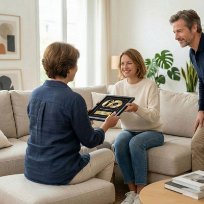 Exemple d'usage : remise du disque d'or « 60 ans » en cadre noir, personnalisé au prénom avec signature et message choisis, imprimé et livré (exemple)