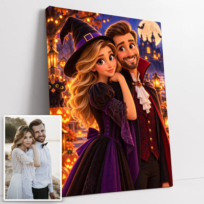 Création personnalisée : votre photo devient un tableau d'Halloween façon film d'animation 3D, à la verticale, costume pour chacun et pleine lune, sur toile canvas, livré chez vous (exemple)