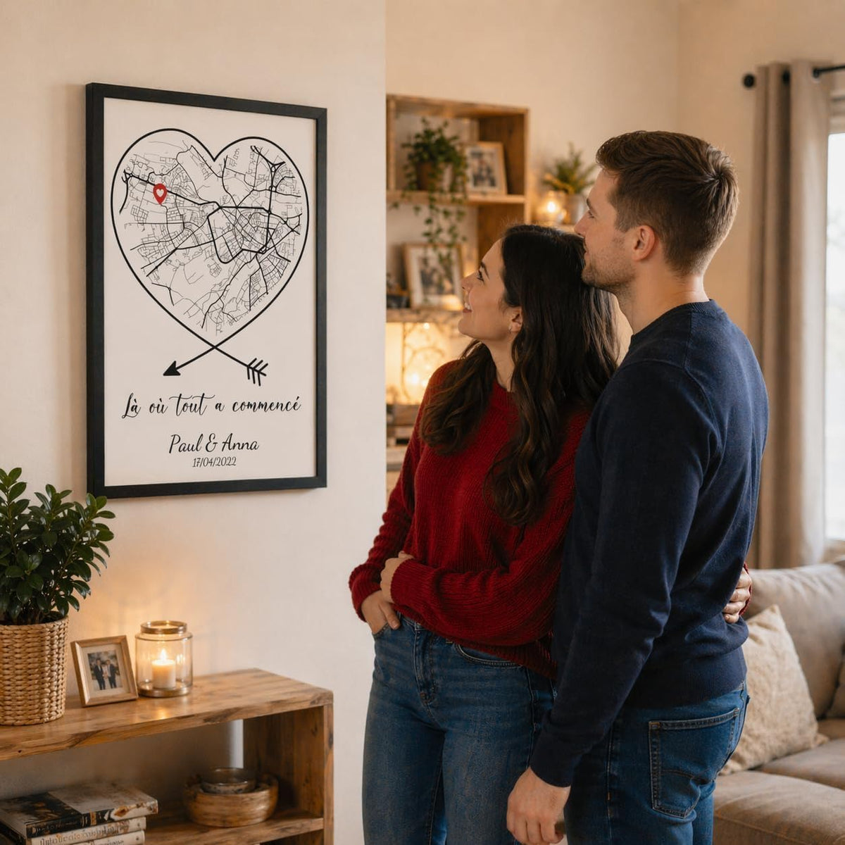 Carte en cœur sur fond blanc accrochée au mur en cadre noir : votre lieu marqué d'une épingle, votre phrase, vos prénoms et votre date, une création imprimée livrée chez vous (exemple)