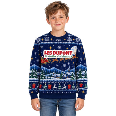 Sweat de Noël moche garçon personnalisé, nom de famille, bleu marine