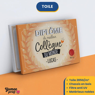 Diplôme « du meilleur collègue du monde » sur toile canvas tendue sur châssis en bois, avec son prénom et votre signature, imprimé puis livré chez vous (exemple)