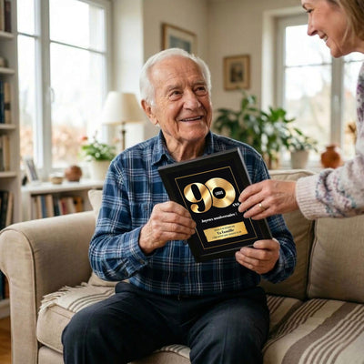 Exemple d'usage : remise du disque d'or « 90 ans » en cadre noir, personnalisé au prénom avec signature et message choisis, imprimé et livré (exemple)