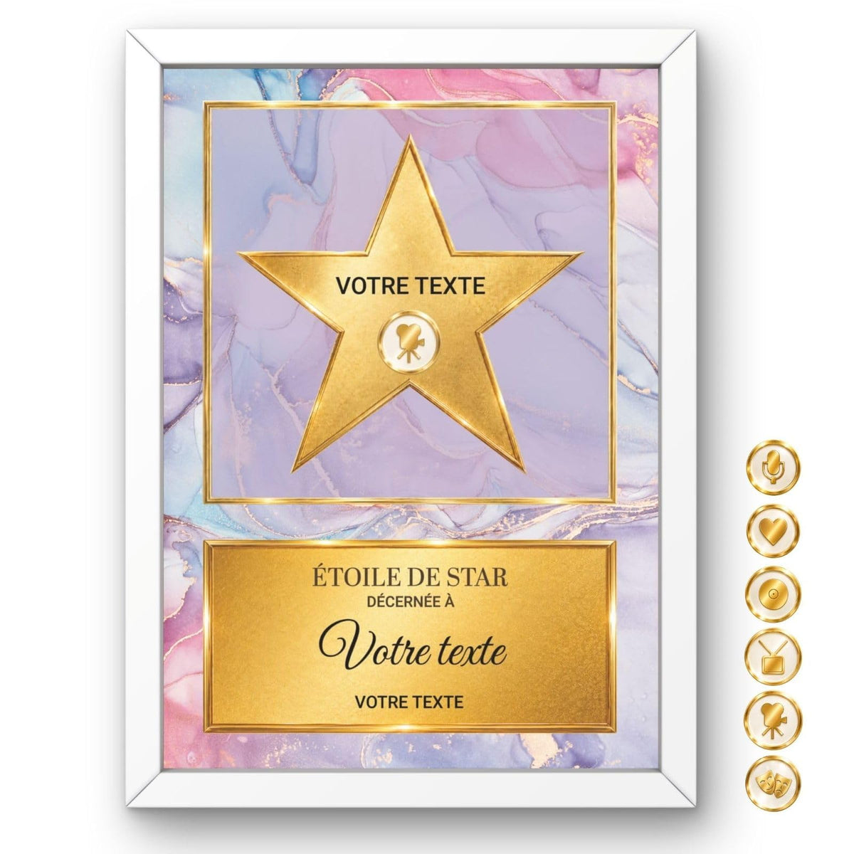 Étoile de star personnalisée façon Walk of Fame : étoile dorée sur marbre rose et violet en cadre blanc, prénom, pictogramme parmi six et message au choix, imprimée et livrée chez vous (exemple)