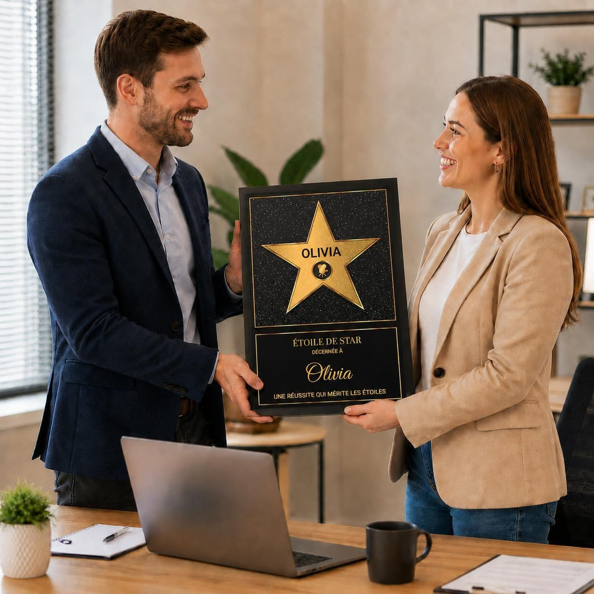 Exemple d'usage au bureau : l'étoile dorée sur fond noir façon Walk of Fame en cadre noir pour saluer une réussite, prénom et message personnalisés, imprimée et livrée chez vous (exemple)