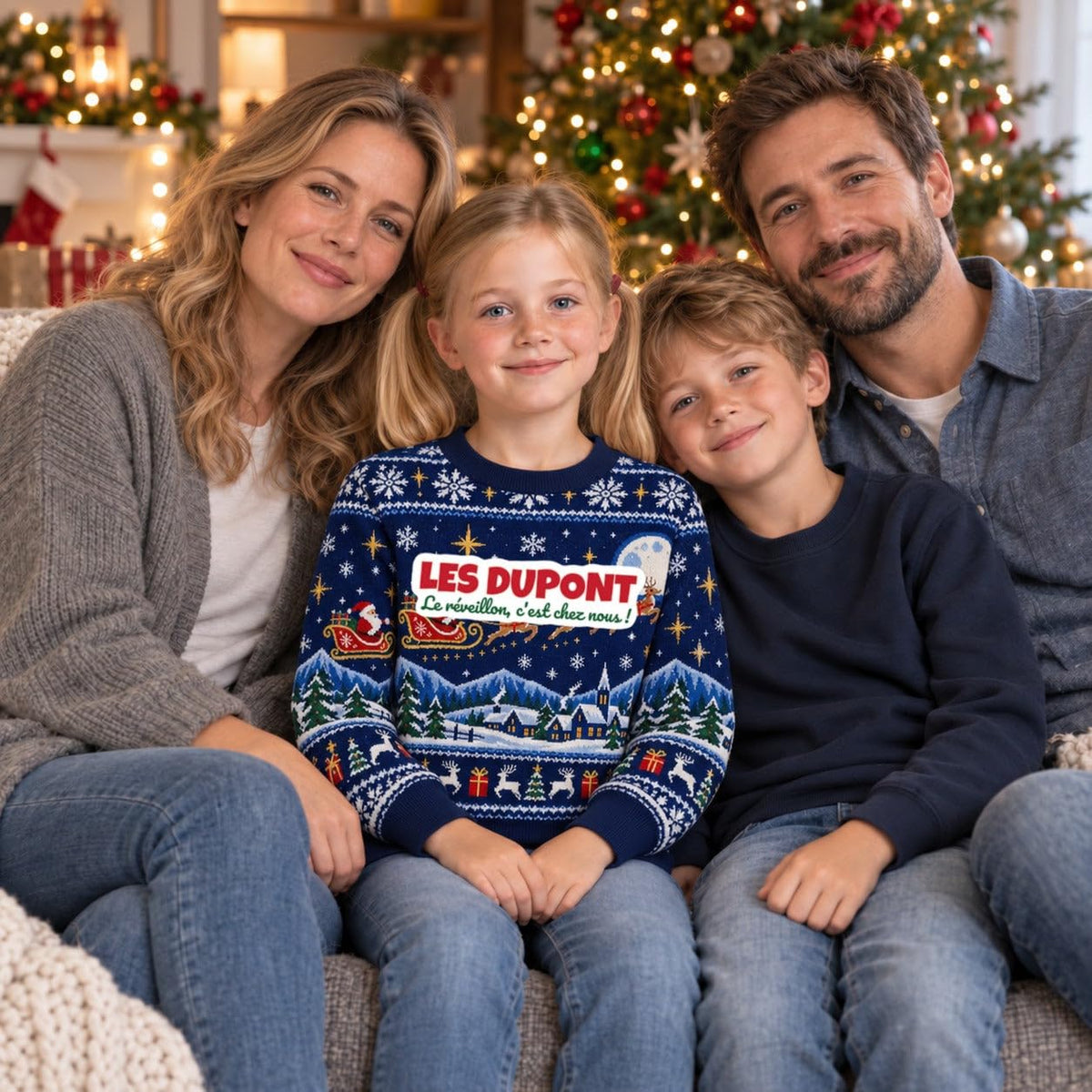 Sweat de Noël moche fille personnalisé, nom de famille, bleu marine