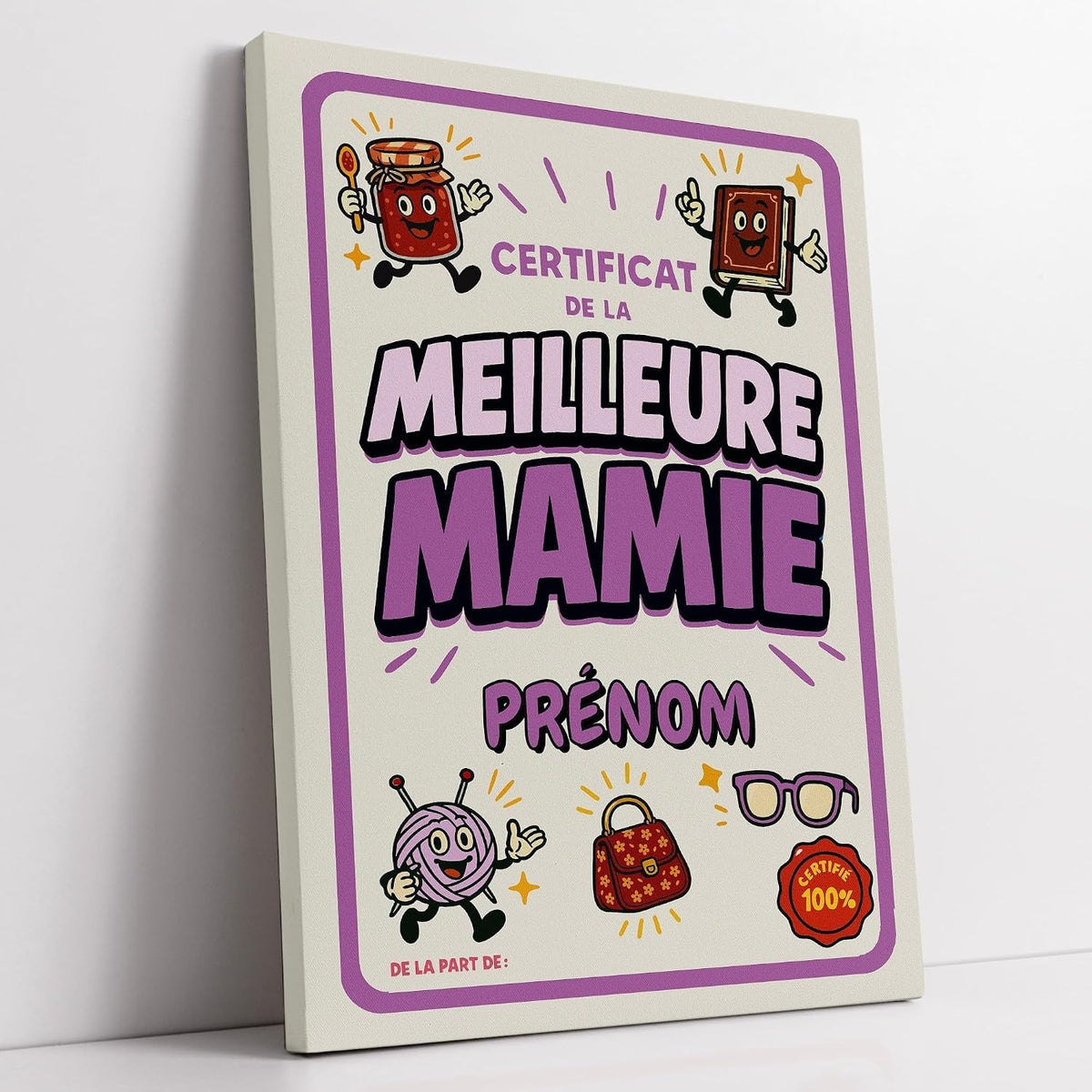 Diplôme humoristique « certificat de la meilleure mamie » à son prénom, style rétro à mascottes (confiture, livre et pelote), bordure mauve, sur toile canvas, livré chez vous (exemple)