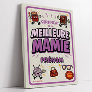 Diplôme humoristique « certificat de la meilleure mamie » à son prénom, style rétro à mascottes (confiture, livre et pelote), bordure mauve, sur toile canvas, livré chez vous (exemple)
