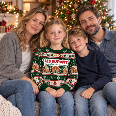 Sweat de Noël moche fille personnalisé, nom de famille, vert sapin