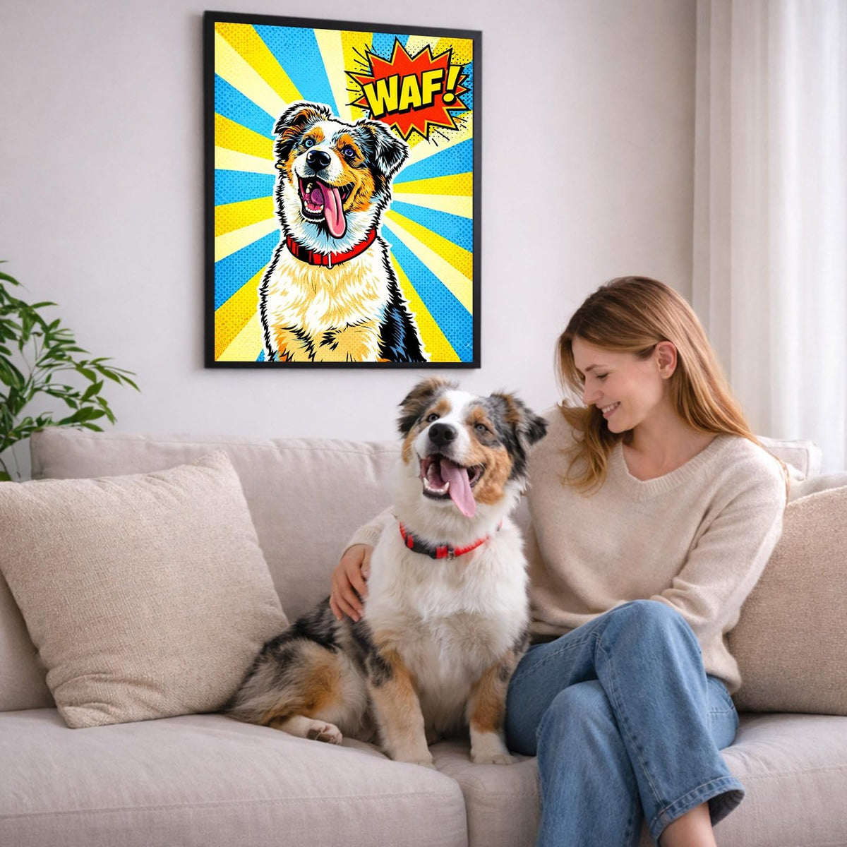 Portrait pop art de votre chien d'après sa photo, accroché au salon en cadre noir ; aussi en affiche (poster), toile canvas ou plexiglas, livré chez vous (exemple)