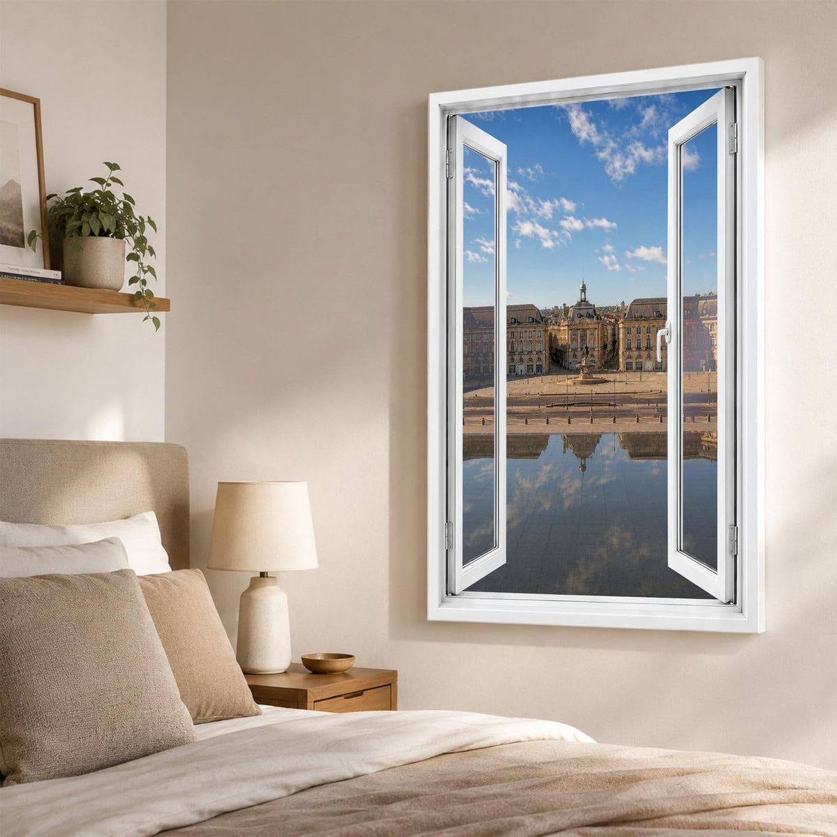 Trompe-l'œil sur Bordeaux dans une chambre, place de la Bourse et miroir d'eau en perspective, sur toile canvas ou plexiglas en 60 x 40 cm, 80 x 60 cm ou 120 x 80 cm, livré chez vous (exemple)