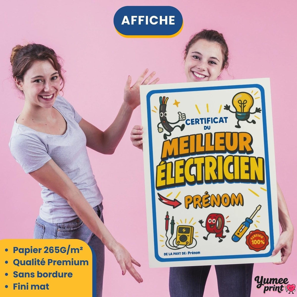 Certificat du meilleur électricien imprimé en affiche (poster) sur papier mat sans bordure, tenu à bout de bras ; son prénom en grand, livré roulé chez vous (exemple)