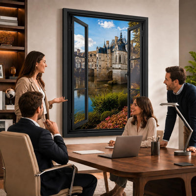 Idée d'usage dans un bureau : la vue sur les châteaux de la Loire ouvre le mur comme une vraie fenêtre, style de fenêtre au choix, toile canvas ou plexiglas, livré chez vous (exemple)