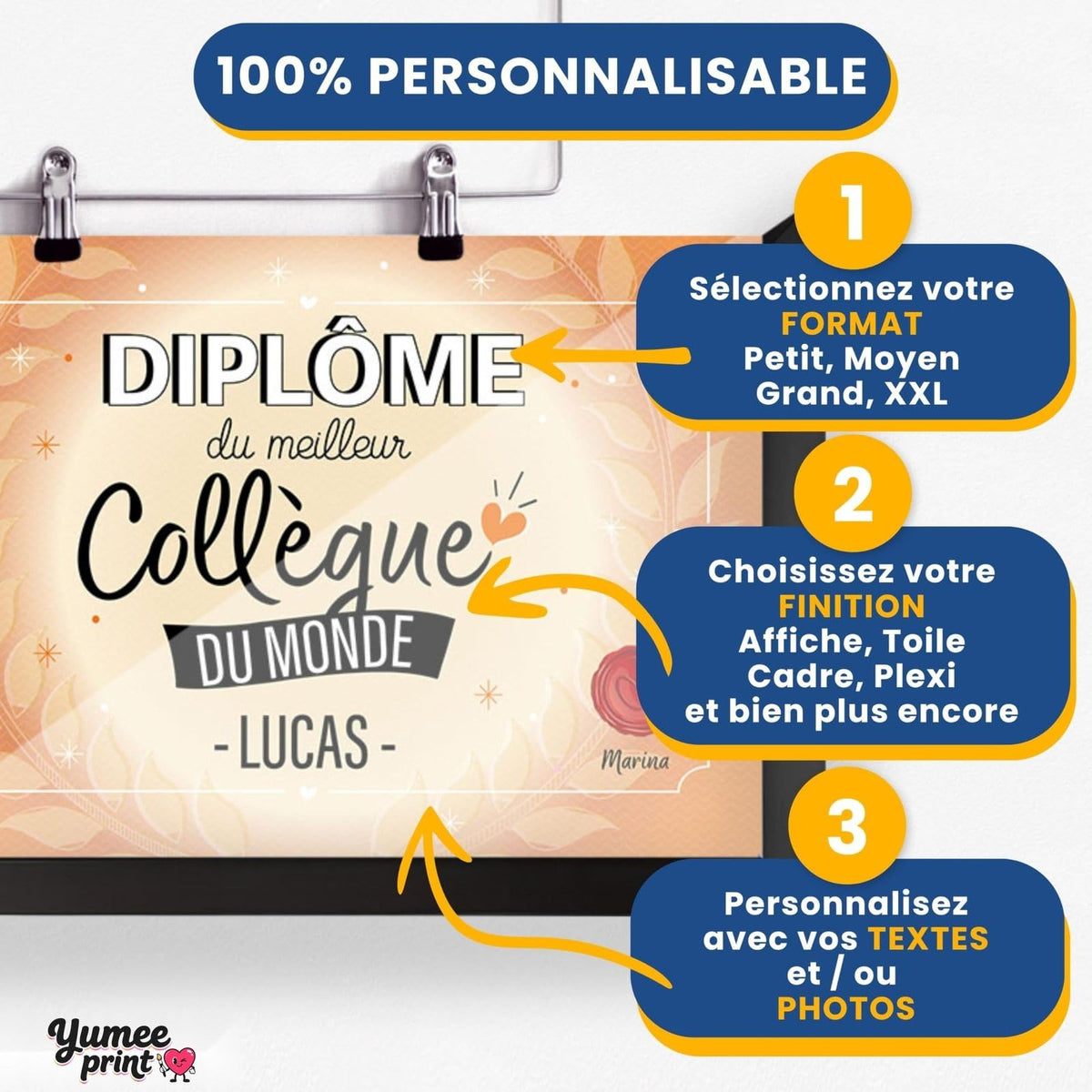 Personnalisez le diplôme « du meilleur collègue » en trois étapes : format, finition puis textes, avec son prénom et votre signature, imprimé et livré chez vous (exemple)