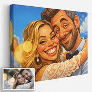 Création personnalisée en paysage : votre photo devient une caricature en couleur façon caricaturiste de rue, grosse tête et sourire exagéré, imprimée sur toile canvas, livrée chez vous (exemple)