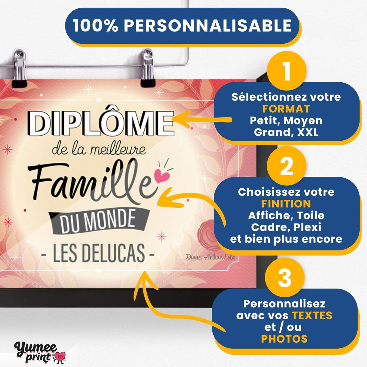 Personnalisez le diplôme « de la meilleure famille » en trois étapes : format, finition puis textes, avec le nom de famille et votre signature, imprimé et livré chez vous (exemple)