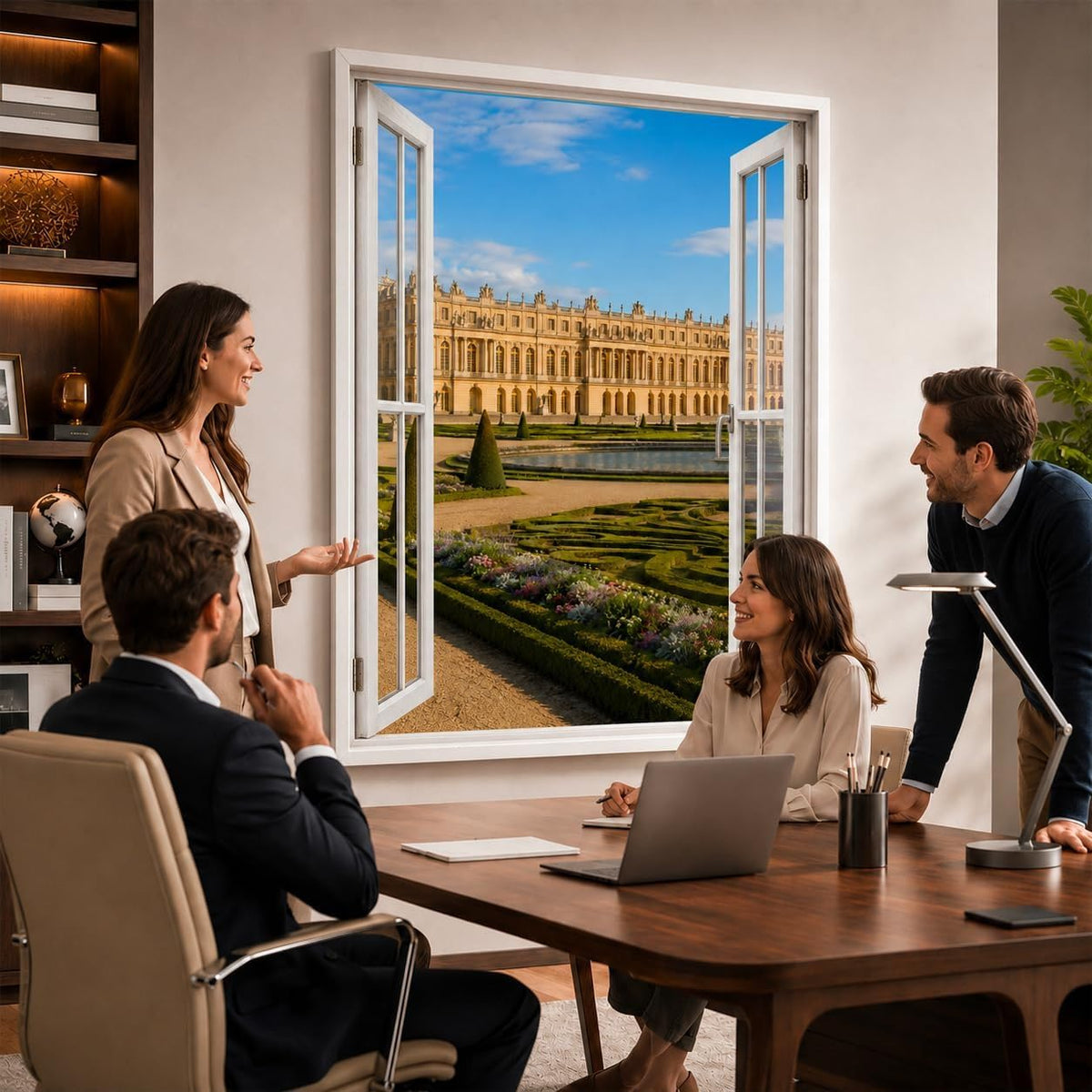 Idée d'usage dans un bureau : la vue sur Versailles ouvre le mur comme une vraie fenêtre, style de fenêtre au choix, toile canvas ou plexiglas, livré chez vous (exemple)