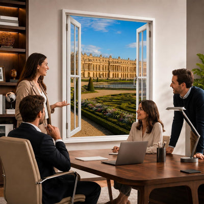 Idée d'usage dans un bureau : la vue sur Versailles ouvre le mur comme une vraie fenêtre, style de fenêtre au choix, toile canvas ou plexiglas, livré chez vous (exemple)