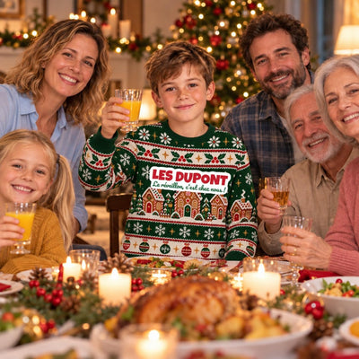 Sweat de Noël moche garçon personnalisé, nom de famille, vert sapin