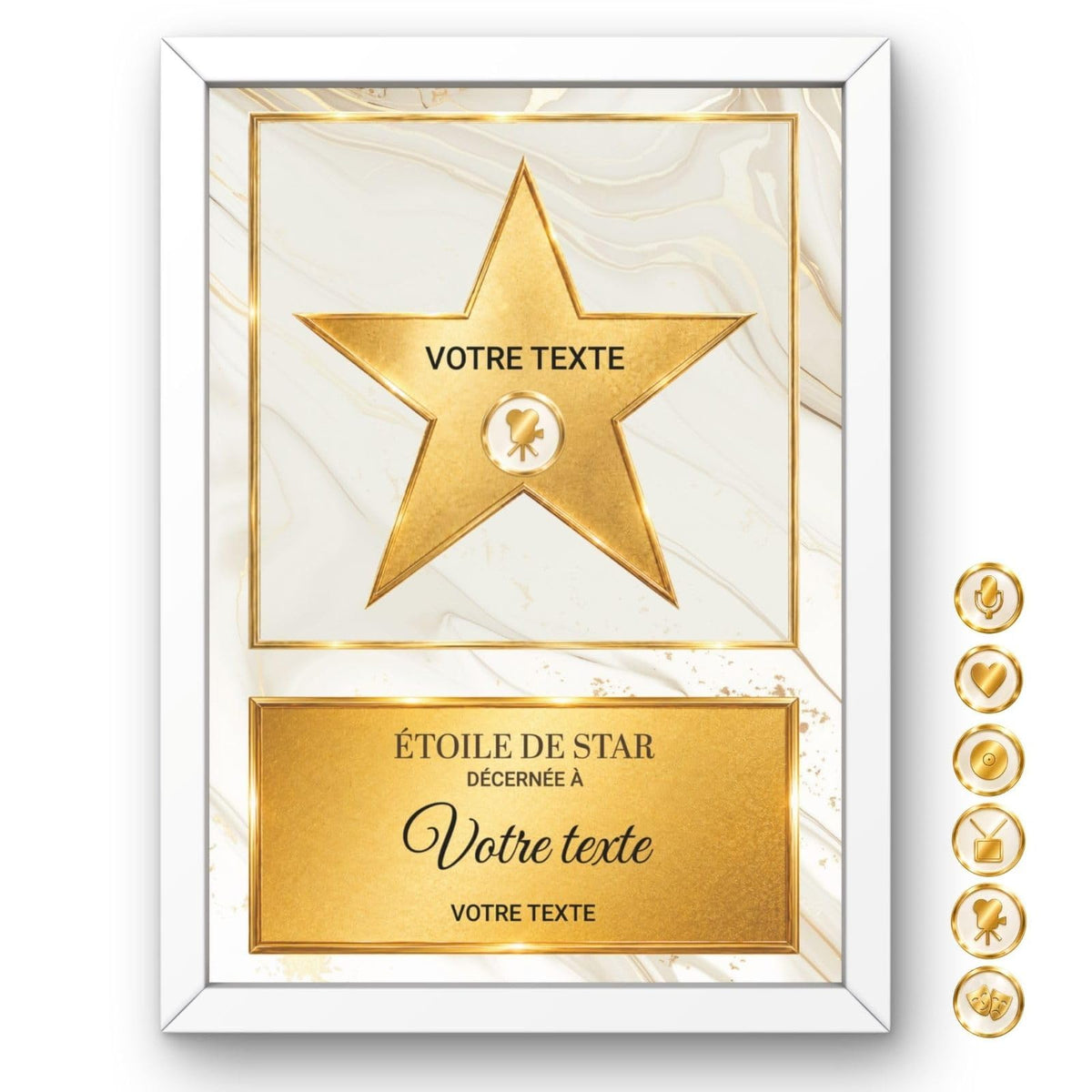 Étoile de star personnalisée façon Walk of Fame : étoile dorée sur marbre blanc veiné d'or en cadre blanc, prénom, pictogramme parmi six et message au choix, imprimée et livrée chez vous (exemple)
