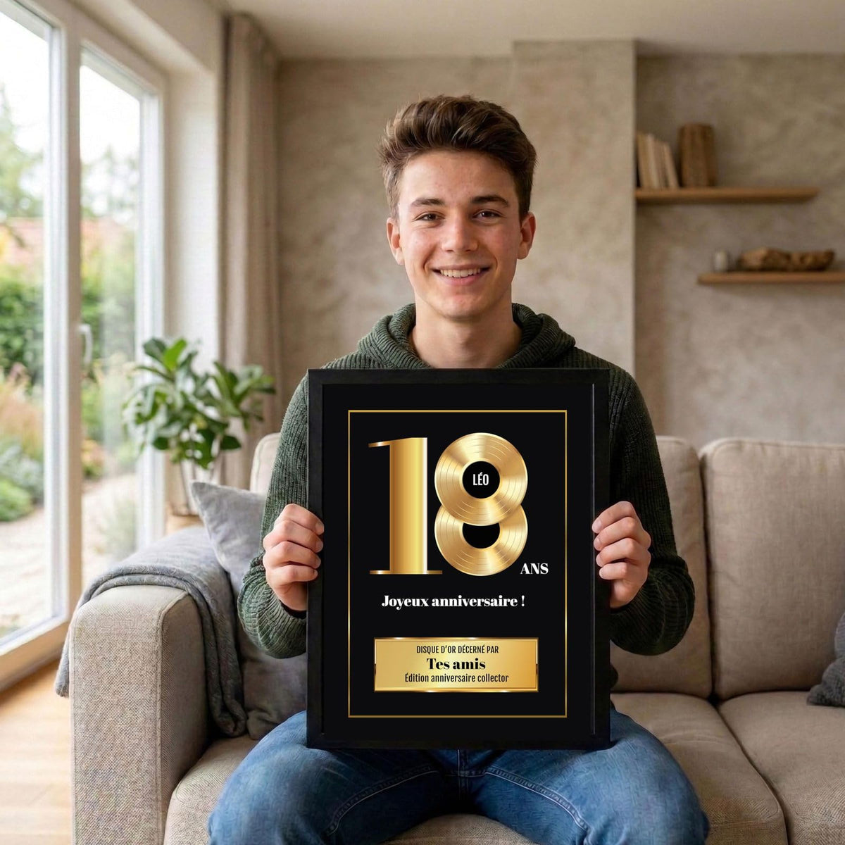 Exemple d'usage : le disque d'or des 18 ans en cadre noir, tenu en souvenir ; son prénom sur le disque, votre signature et un message, livré chez vous (exemple)