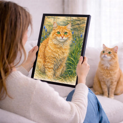 Votre photo devient un portrait au crayon de couleur, ici en cadre noir tenu en main ; cadre noir, blanc, bois clair ou bois foncé au choix, livré chez vous (exemple)