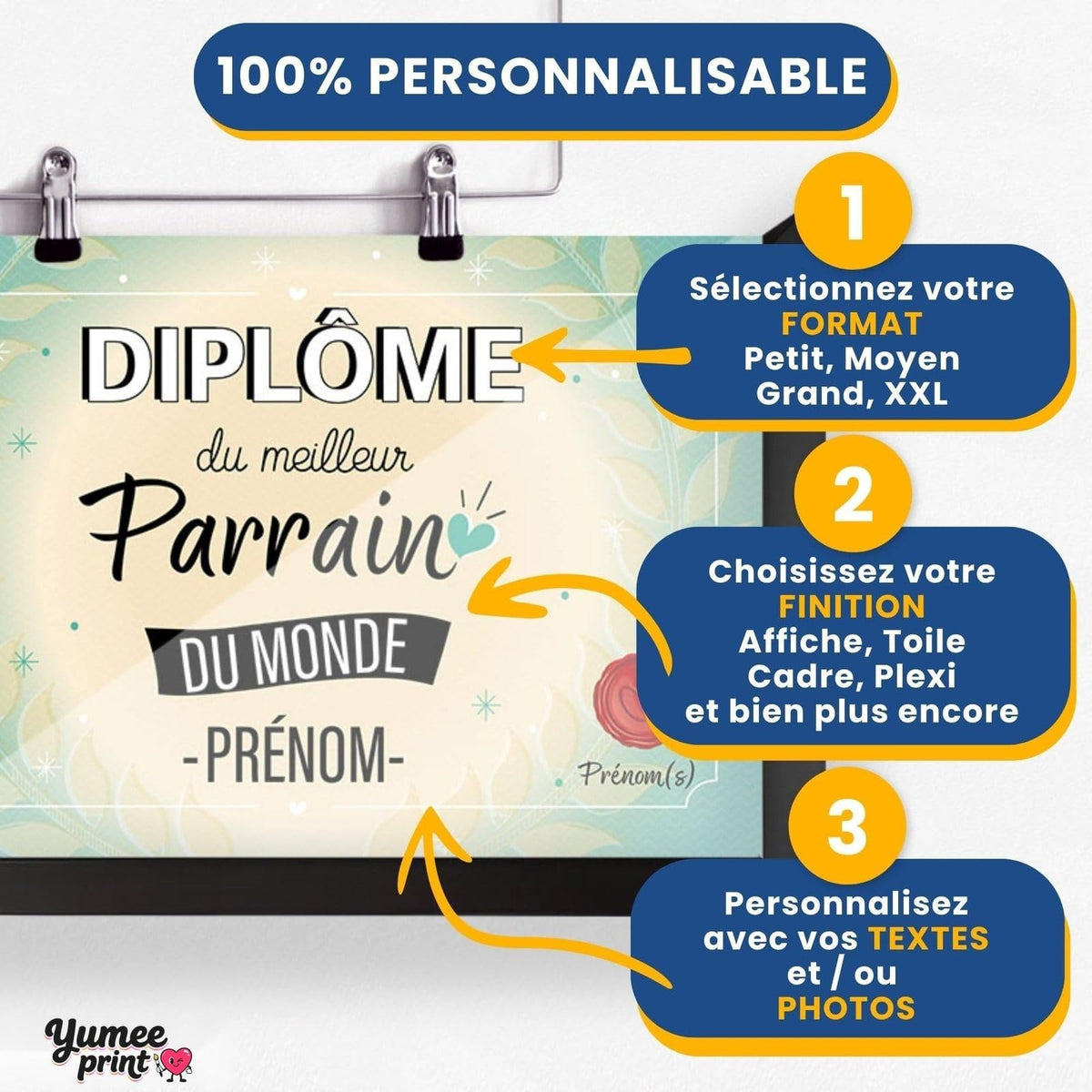 Personnalisez le diplôme « du meilleur parrain » en trois étapes : format, finition puis textes, avec son prénom et votre signature, imprimé et livré chez vous (exemple)