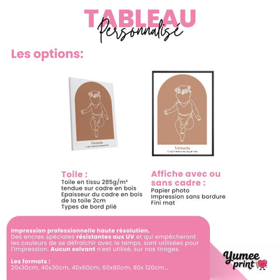 Affiche de naissance sur toile canvas tendue sur châssis, ou en affiche (poster) avec ou sans cadre : silhouette du bébé à taille réelle en 80 x 60 cm, prénom et mesures, livrée chez vous (exemple)