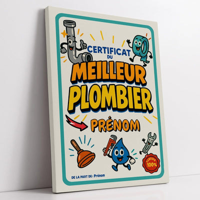 Diplôme humoristique « certificat du meilleur plombier » à son prénom, style rétro à mascottes (tuyau, ventouse et goutte d'eau), bordure turquoise, sur toile canvas, livré chez vous (exemple)