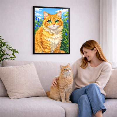 Portrait style manga de votre chat d'après sa photo, accroché au salon en cadre noir ; aussi en affiche (poster), toile canvas ou plexiglas, livré chez vous (exemple)