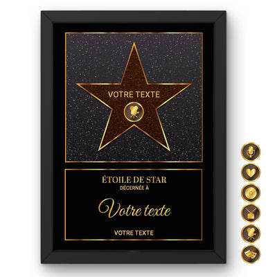 Étoile de star personnalisée façon Walk of Fame : étoile orange pailletée sur fond noir en cadre noir, prénom, pictogramme parmi six et message au choix, imprimée et livrée chez vous (exemple)