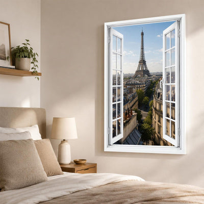 Trompe-l'œil sur Paris dans une chambre, avenue haussmannienne et tour Eiffel en perspective, sur toile canvas ou plexiglas en 60 x 40 cm, 80 x 60 cm ou 120 x 80 cm, livré chez vous (exemple)