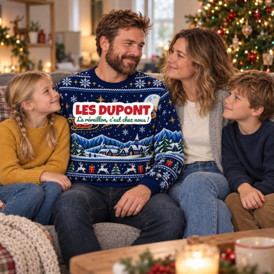 Sweat de Noël moche homme personnalisé, nom de famille, bleu marine